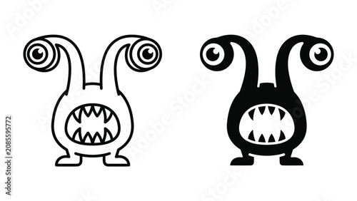 Fotografie Friendly Monster Icons: A pair of charming and slightly mischievous monster icons, one in outline and the other in solid black, featuring big curious eyes, sharp teeth, and stubby legs