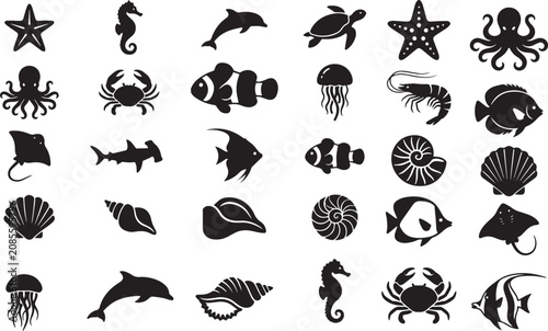 Black Silhouette Marine Life Collection Vector Illustration