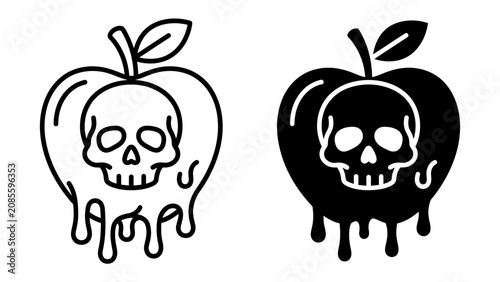 Obraz na płótnie Poisoned Apple Icon: A stark graphic illustration depicts a dripping apple, symbolizing temptation or danger, with a skull motif embedded within