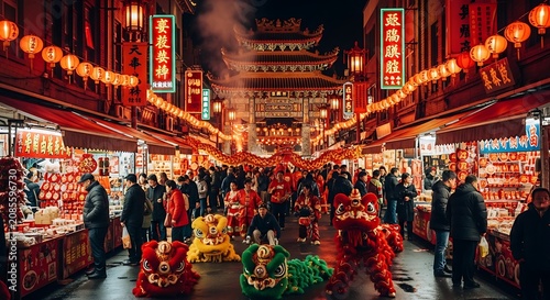Vibrant night market with colorful stalls and people.