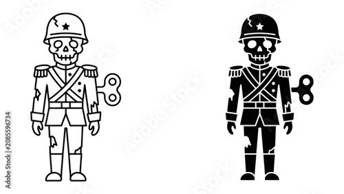 Fotografía Zombie Soldier Toy Icons: A set of illustrated icons featuring a zombie soldier toy with a wind-up key, presented in both outline and silhouette styles, symbolizing a dark and playful aesthetic