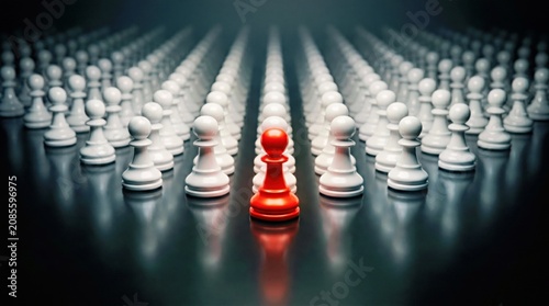 Red Chess Piece Amongst White Chess Pieces