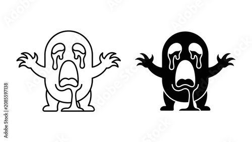 Obraz na plátně Wailing Ghost Illustration: A pair of cute ghost characters, one outlined and one solid black, weep profusely with mouths agape, hands outstretched, and drool dripping