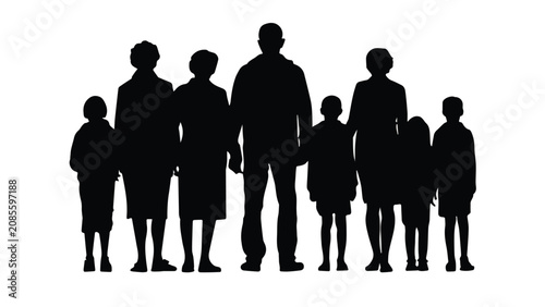 Silhouette of diverse group of people standing together in dark background for social unity or community themes
