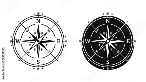Fotografie Navigational Tool: Two compasses, one outlined and one silhouetted, display cardinal directions N, S, E, W, indicating guidance and direction