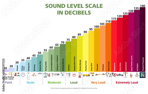 Sound level scale in decibels infographic. Educational bar chart with noise comparison from faint to extremely loud. Vector illustration