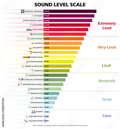 Sound level scale bar chart. Decibel noise comparison infographic from faint to extremely loud. Vector illustration