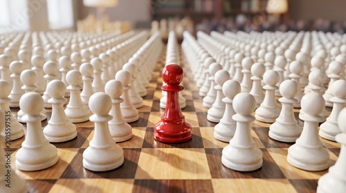 Red King Chess Piece on Wooden Chessboard With White Pawns