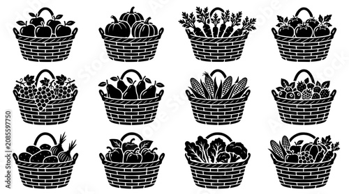 Foto Wicker baskets filled with fresh fruits and vegetables silhouettes vector set fe