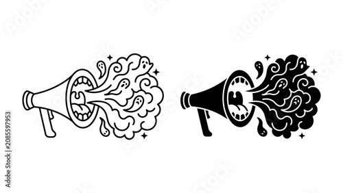 Obraz na plátně Dynamic Megaphone Illustration: A stylized megaphone spews out a burst of abstract energy, represented by swirling lines and stars, in both outlined and solid black versions