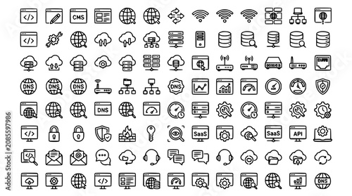 Foto Web hosting cloud computing network infrastructure line icon set featuring serve