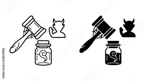 Tableau sur toile Justice and Temptation: A judge's gavel sits beside a jar containing a swirling liquid and a silhouette of a devil figure, symbolizing a moral dilemma or corruption within the justice system