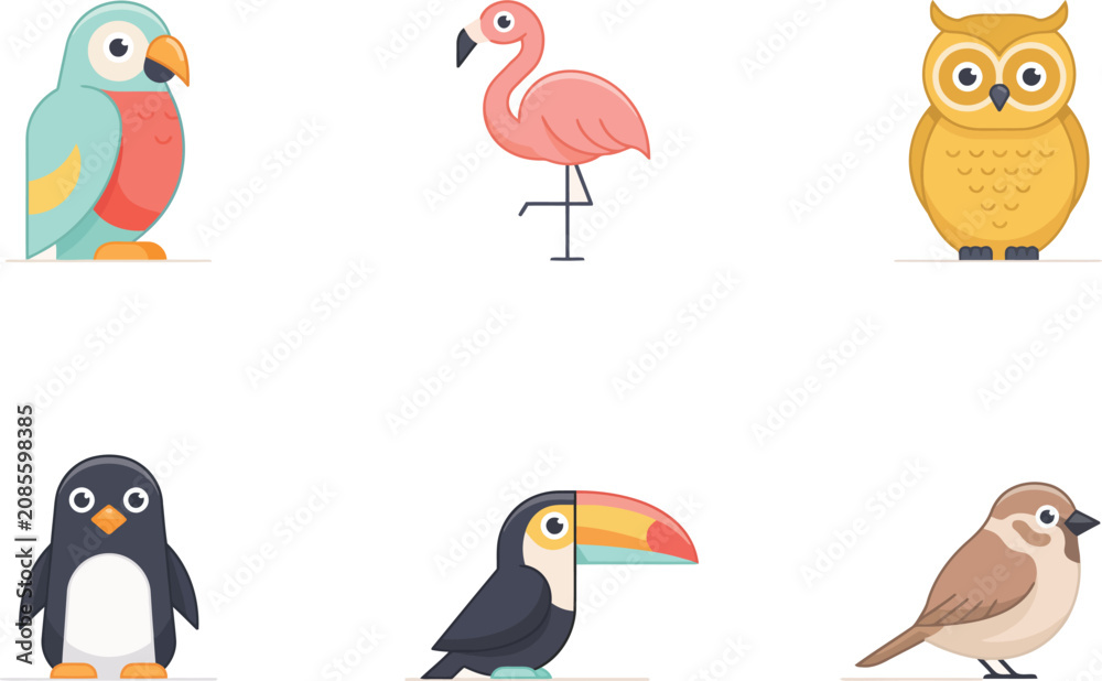 Fototapeta premium Set of cute colorful cartoon bird icons featuring various wild species isolated on a clean white background