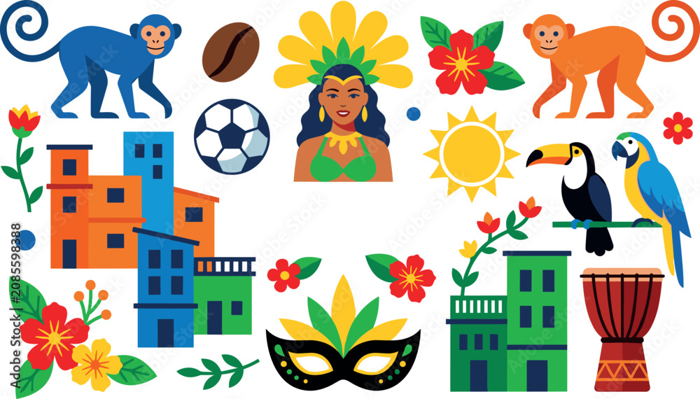 Fototapeta premium Brazil travel culture and carnival vector icon set featuring rio de janeiro favela houses monkey parrot toucan football and dancer character