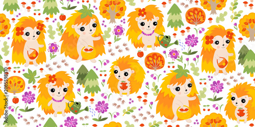 Cute hedgehogs in autumn forest with trees, flowers, mushrooms. Seamless patt...