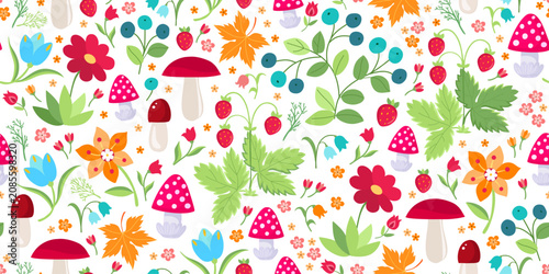 Floral seamless pattern with forest plants - flowers. berries. mushrooms - on...