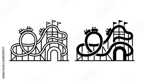 Roller Coaster Fun: Two stylized roller coasters with carts full of thrill-seekers climb and descend through loops and twists, symbolizing excitement and amusement park adventure.
