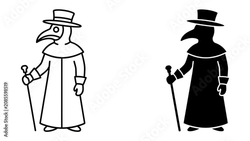 Foto Plague Doctor Illustration: A stylized depiction of a plague doctor, both in outline and silhouette form, featuring the iconic mask and cloak, symbolizing historical contagion and medical care