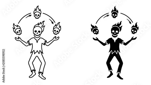 Tableau sur toile Juggler of the Damned: A skeleton juggler skillfully manipulates flaming skulls in a circus-like performance, depicting a macabre and thrilling act