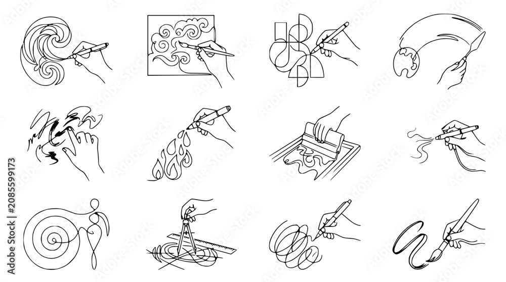 Obraz premium Artistic Hands Drawing: Creative Process Montage, Line Art Collection