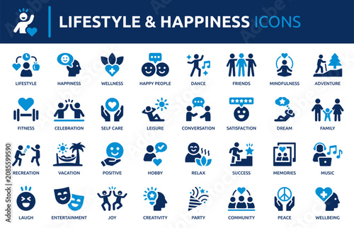 Konstfotografi Lifestyle and Happiness Icon set, containing wellness, friendship, family, dance, fitness, relaxation, and more