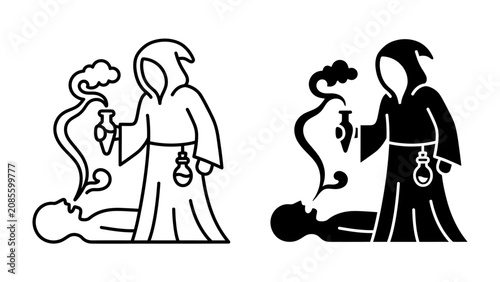 Photos Mystical Ritual: A robed figure in a mystical ritual is depicted holding a vial, with smoke emanating from it towards a prone figure, symbolizing ancient practice and unknown outcome