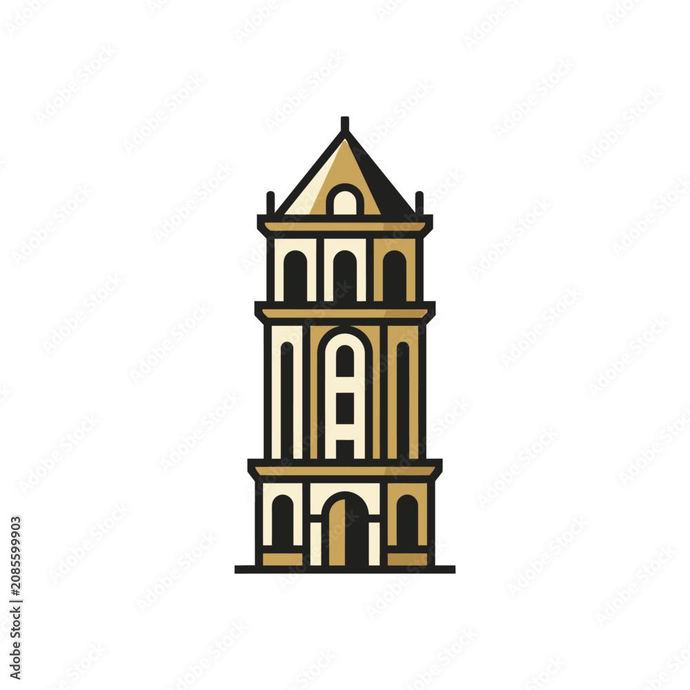 Fototapeta premium Flat illustration of a historic European narrow stone tower.