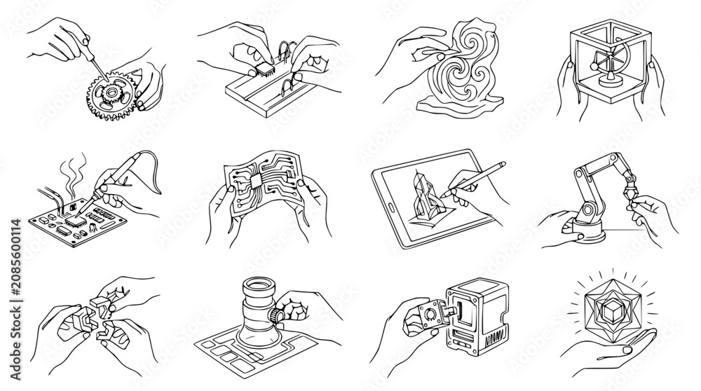 Naklejka premium Hands assembling electronics, 3D printing, and robotics concepts, line art collage