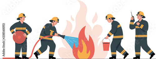 Obraz na plátně Firefighters extinguishing fire set, brave fireman characters with hose bucket w