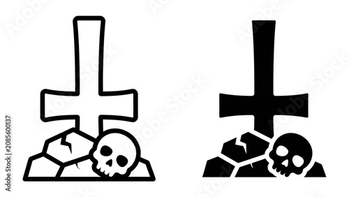 Canvas-taulu Satanic Symbolism: An inverted cross, a skull, and rocks in black and white silhouette style, representing satanism and dark symbolism