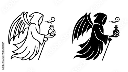 Принти на полотні Grim Reaper Angel with Potion: An artistic representation of a winged figure in a hooded robe, symbolizing death or a similar entity, holding a vial with smoke rising, suggesting a potion or elixir