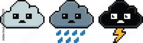 Pixel art weather clouds set, cute cartoon rainy and thunderstorm cloud characters retro vector illustration