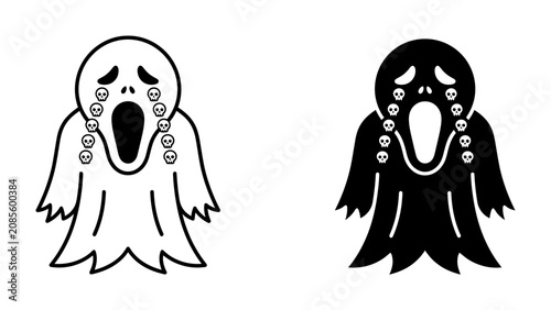 Canvas Print Crying Ghost Icons: A pair of cartoon ghosts, one outlined and one filled, both with wide mouths open in a wail and teardrops shaped like skulls cascading down their faces
