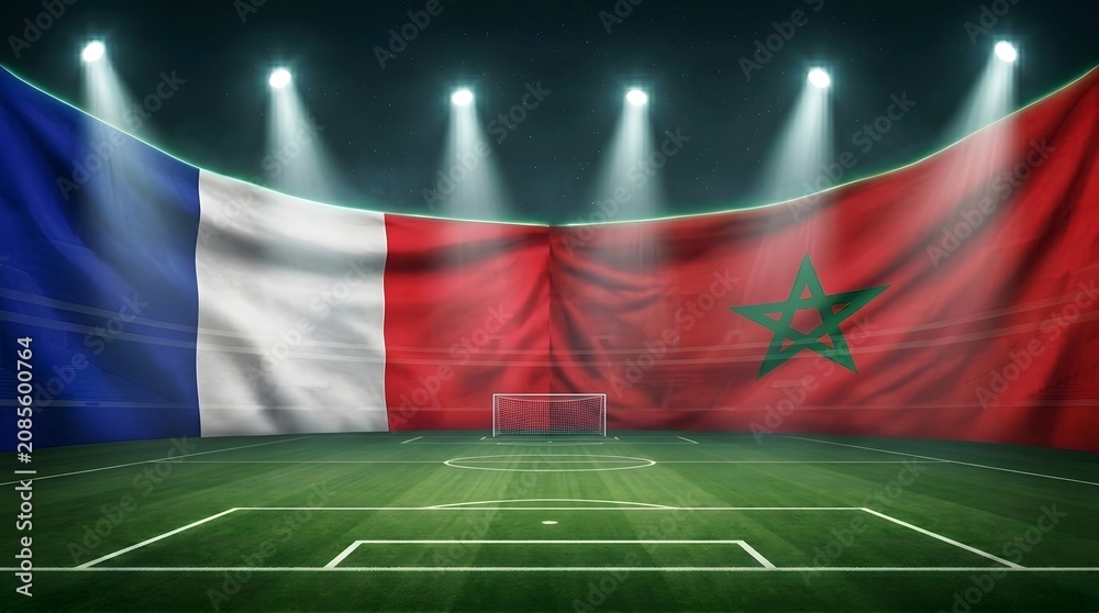 Obraz premium France and morocco flags on a soccer stadium with spotlights sport event.