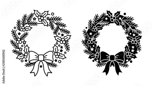 Fotografie Festive Wreaths, Christmas decoration: Two holiday wreaths, one outlined and one in silhouette, decorated with holly and pine branches, and adorned with a festive bow