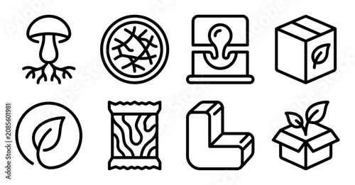 Tableau sur toile Set of black line icons representing sustainable mushroom packaging and organic mycelium materials design Minimal stroke icon set bundle collection