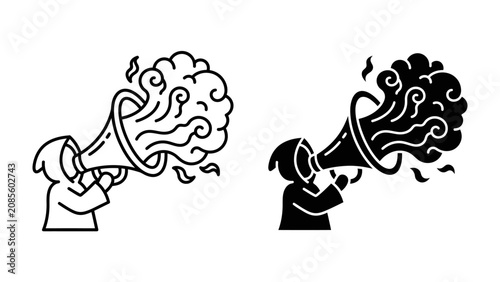 Cuadro en lienzo Grim Reaper with Megaphone: A stylized illustration depicts a cloaked figure, reminiscent of the Grim Reaper, holding a megaphone from which abstract shapes and lines emanate