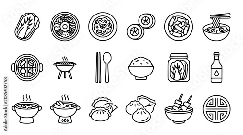 Canvas Print Korean food and traditional cuisine line icons set featuring kimchi kbbq ramen d