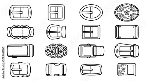Fotografía Belt buckle and strap fastener line icon set featuring classic rectangle square