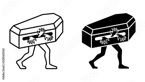 Fotografie Coffin on Legs with Arms Reaching: A bizarre graphic illustration depicts a coffin with human legs walking and arms reaching out from inside, symbolizing a dark or macabre theme