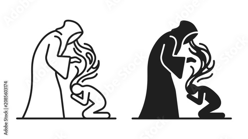 Fotografie Two figures in stylized robes, one standing and one kneeling, with fiery elements emanating from the kneeling figure's head, representing abstract concepts of struggle or transformation