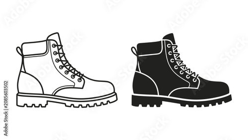 Bilde på lerret Work Boots: Two work boots are depicted, one in black silhouette and the other as a line drawing, showcasing their sturdy design and rugged appeal