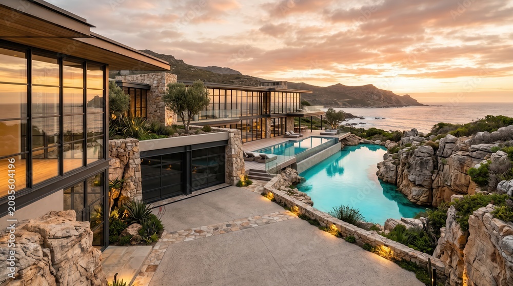Fototapeta premium Clifftop coastal mansion with swimming pools at sunset