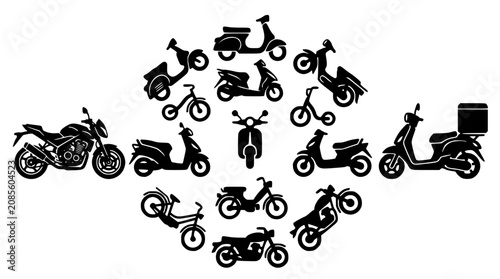 Foto Motorcycle and motor scooter black silhouette vector icon set featuring sports b
