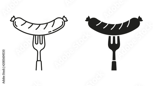 Sausage on Fork Icon: A clear, stylized icon of a sausage impaled on a fork, presented in both outline and solid silhouette versions, perfect for culinary themes.
