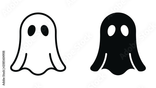 Obraz na płótnie Simple Ghost Icons: Two minimalistic ghost icons, one outlined in black and white and the other a solid black silhouette, represent playful and spooky themes