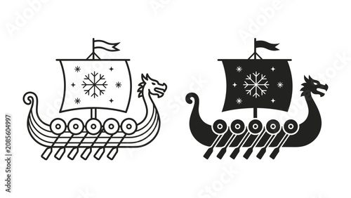 Foto Viking Ship Iconography: Two stylized illustrations of a Viking longship, one in outline and the other in silhouette, showcasing ancient maritime transport and historical motifs