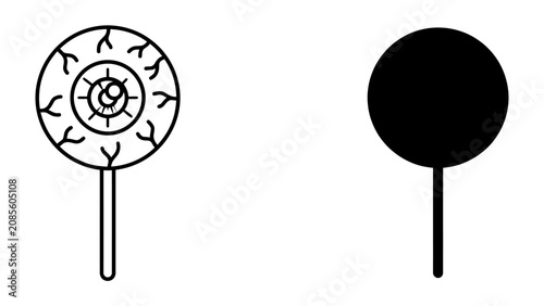 Photography Spooky Candies: A pair of lollipops, one designed like a bloodshot eyeball, the other a solid black circle, presented in a simple graphic style for Halloween themes