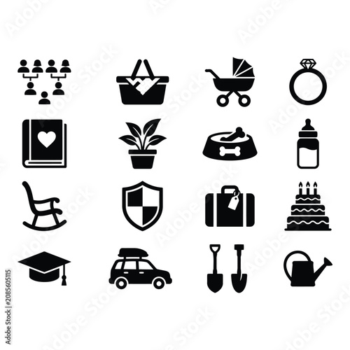 Set of 16 Minimalist Black Outline Icons for Family Lifestyle and Milestones isolated on white background