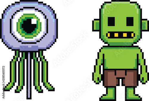 Pixel art video game monsters set, creepy eyeball alien and green zombie character retro vector illustration